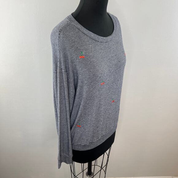 SUNDRY Blue White Stripe Embroidered Cherries Crew Neck Long Sleeve Knit Top 3 L - Picture 4 of 8